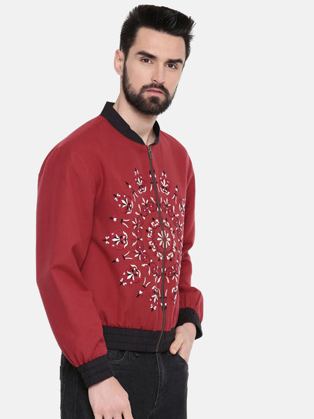 Mandala Embroidery Red Bomber Jacket - MMBJ010