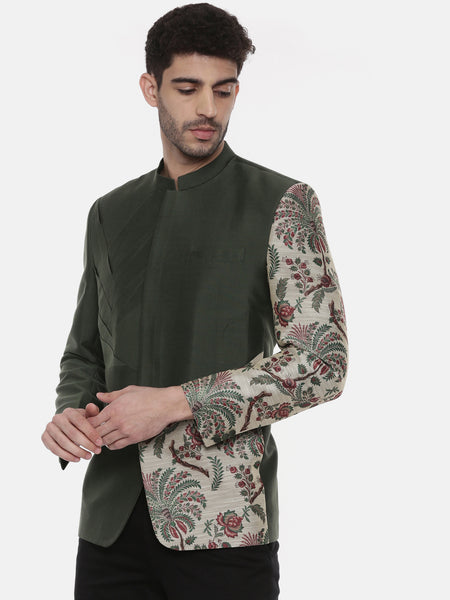 Classic Silk Cotton Green Printed Bandhgala - MMJ0104