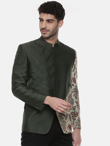 Classic Silk Cotton Green Printed Bandhgala - MMJ0104
