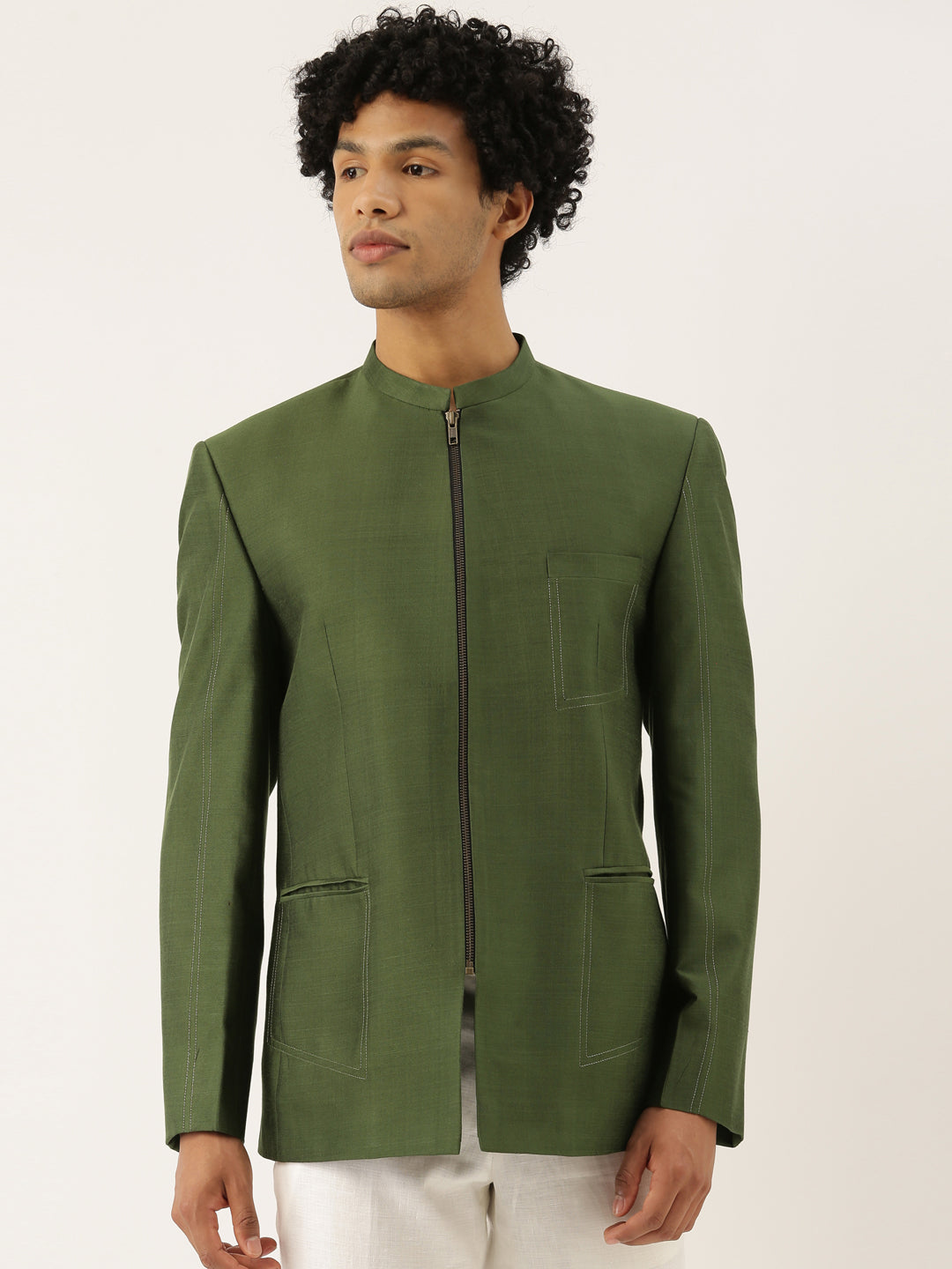 Green Cotton Silk Zipper Jacket - MMJ060