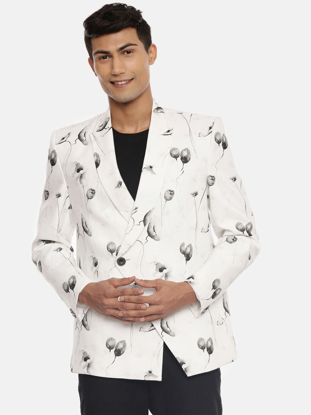 White Black Linen Printed Jacket - MMJ081