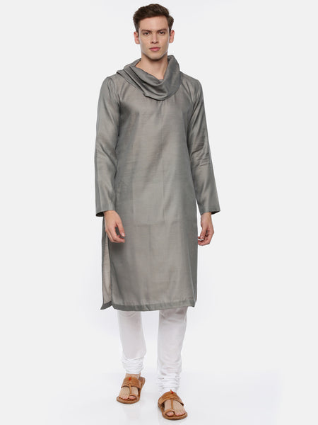Koul Neck Grey Linen Satin Kurta Set - MMK0199