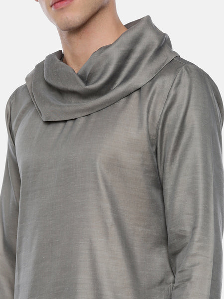 Koul Neck Grey Linen Satin Kurta Set - MMK0199