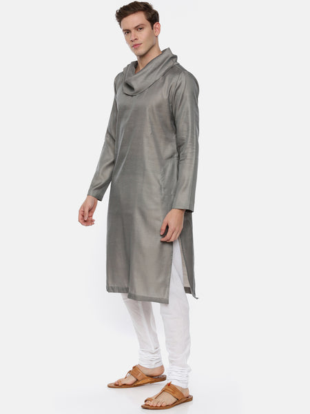 Koul Neck Grey Linen Satin Kurta Set - MMK0199