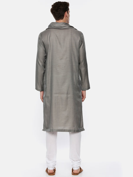 Koul Neck Grey Linen Satin Kurta Set - MMK0199