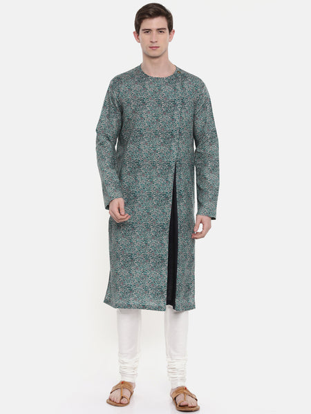 Green Linen Printed Kurta Set  - MMK0272