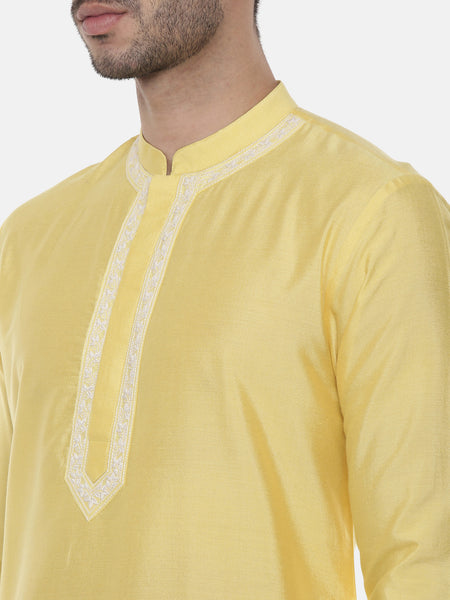 Yellow Embroidered Linen Silk Kurta - MMK0433