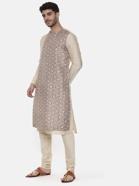 Beige Silk Printed Kurta  - MMK0435