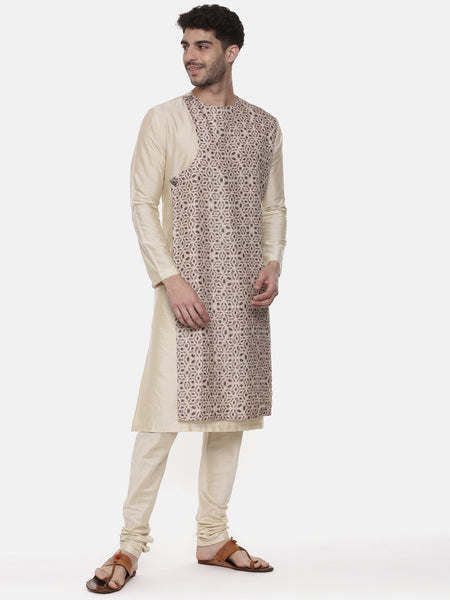 Beige Silk Printed Kurta  - MMK0435