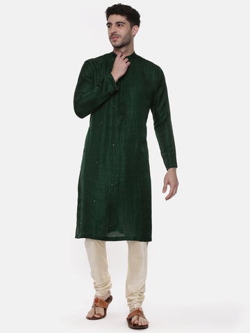 Green Silk Slub Mukaish Kurta - MMK0450