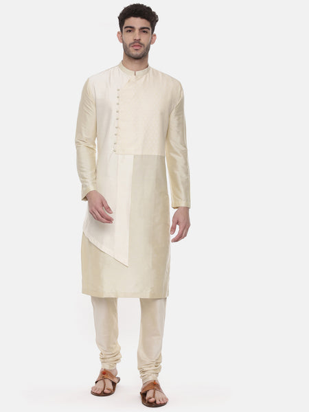 Beige Ivory Silk Cut Away Kurta - MMK0460