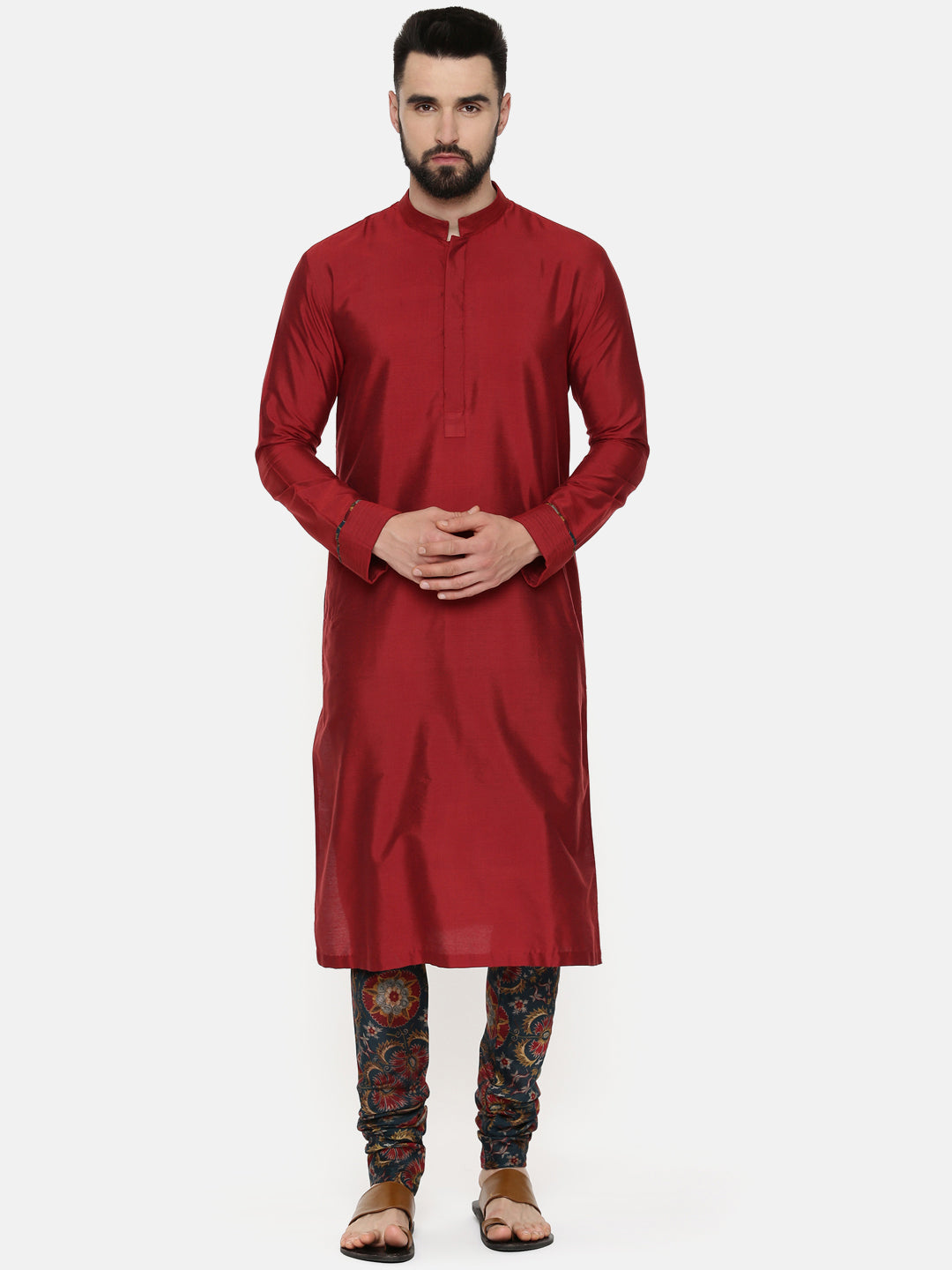 Red Silk Kurta With Printed Chudidar - MMK0532