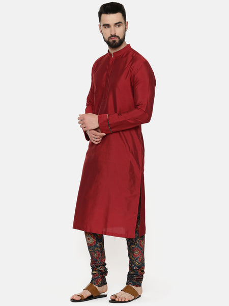 Red Silk Kurta With Printed Chudidar - MMK0532