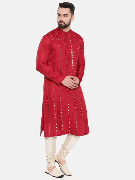 Red Silk Mirror Work Kurta Set - MMK0558