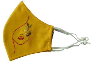 Yellow Cotton Hand Embroiderd Mask  - MMMASK053