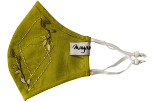 Green Linen Hand Emroidered Mask - MMMASK058