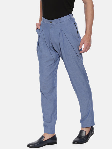 Blue Denim Pleated Cotton Trousers - MMP041