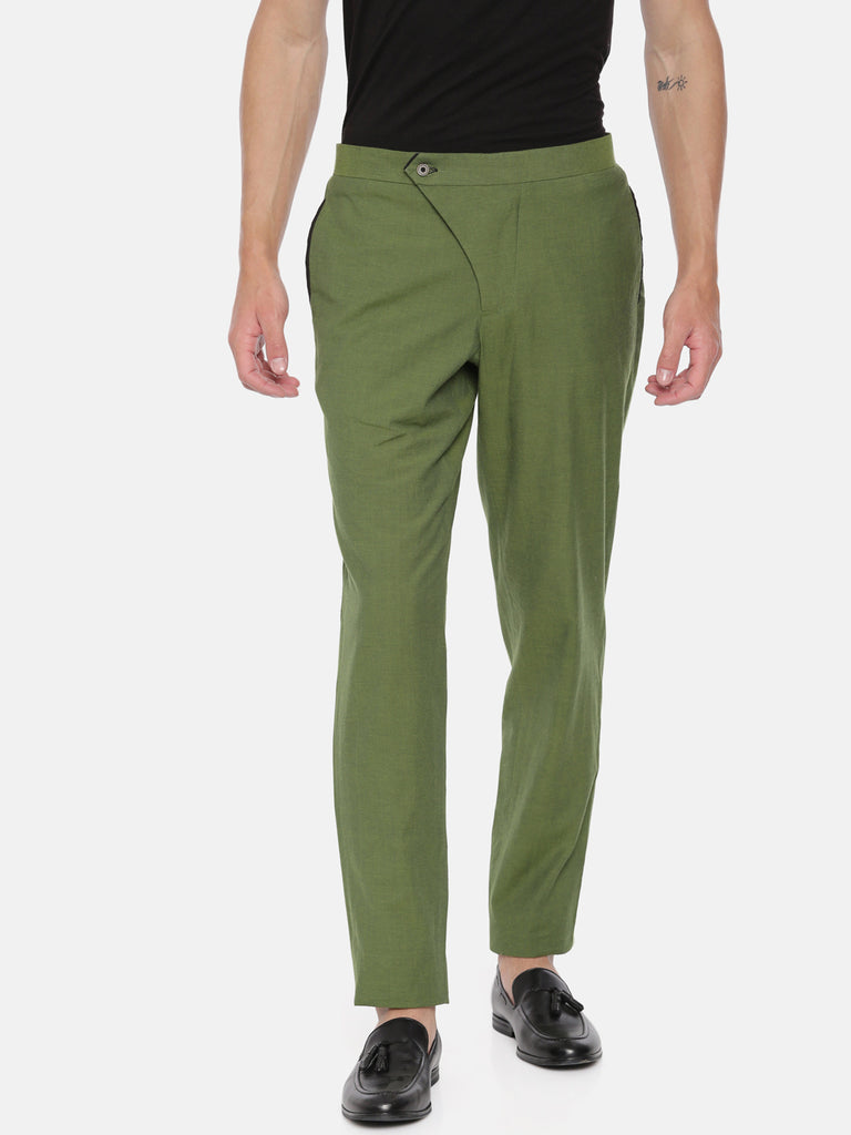 Men Olive Green Solid Slim Fit Regular Trousers  Rodamo