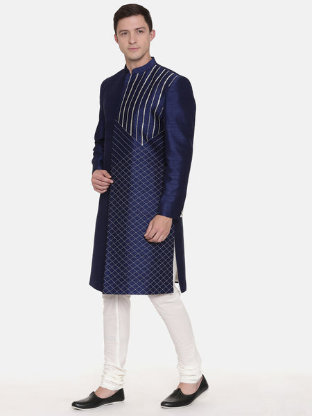 Navy Blue Silk Sherwani - MMSHR017