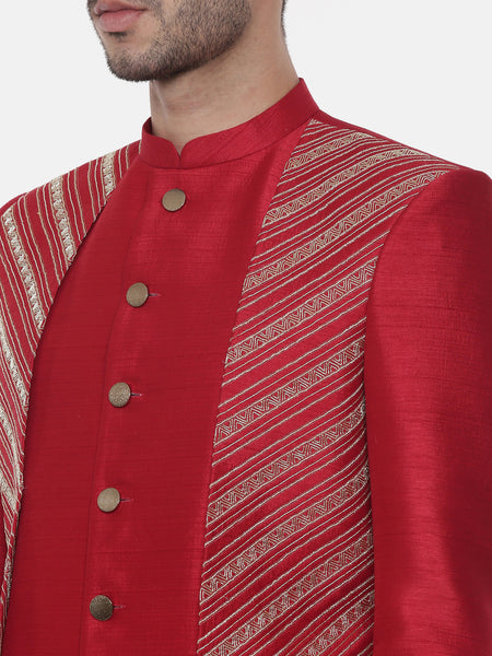 Silk Slub Embroired Red Sherwani - MMSHR019