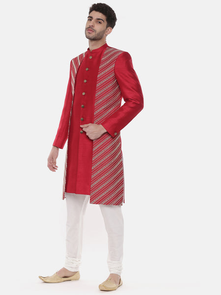 Silk Slub Embroired Red Sherwani - MMSHR019