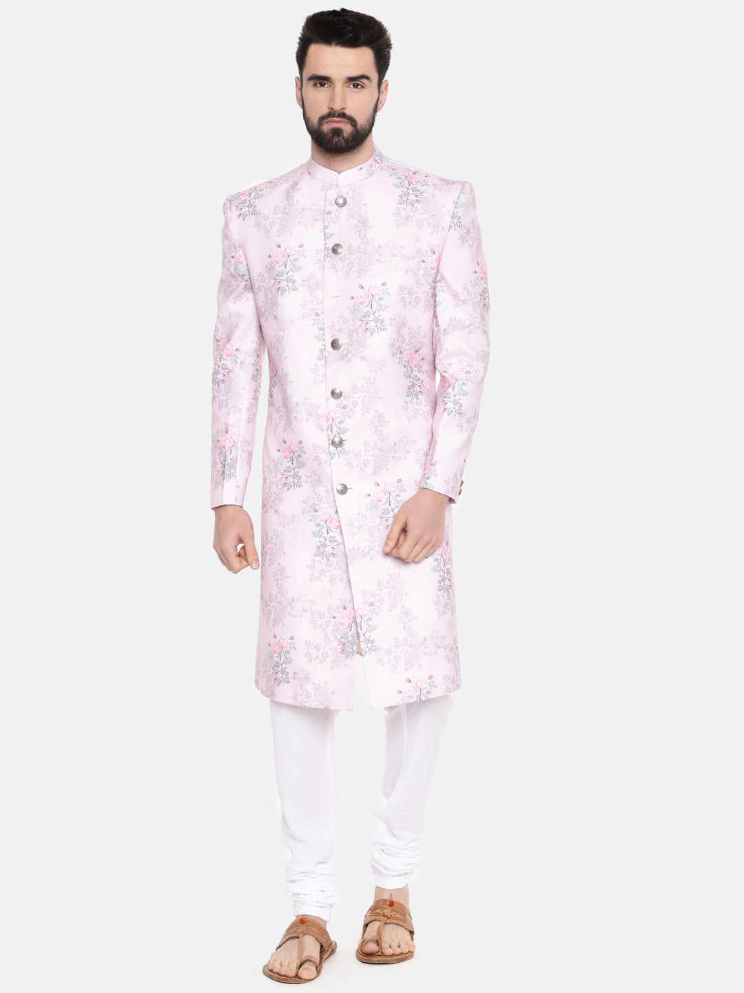 Pink Printed lInen Sherwani - MMSHR040