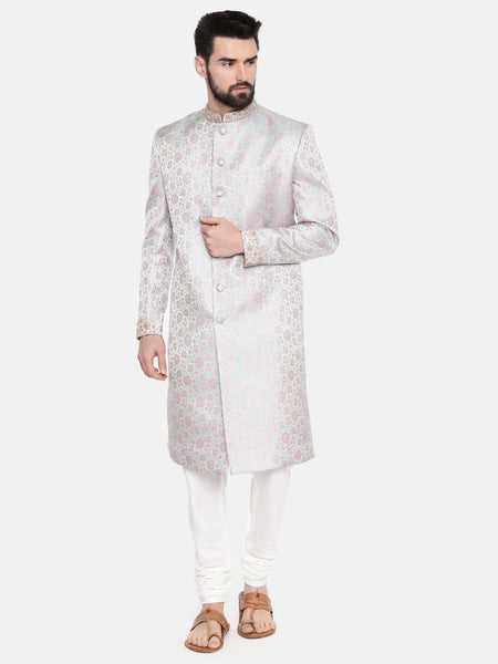 Silver Pink Banares Silk Jaquard Sherwani - MMSHR042