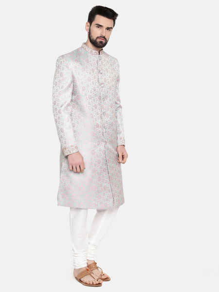 Silver Pink Banares Silk Jaquard Sherwani - MMSHR042