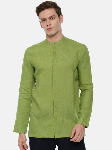 Green Linen Short Kurta  - MMSK019