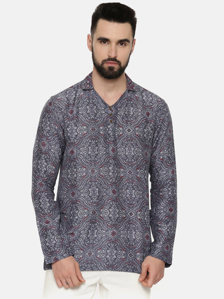 Blue Printed Linen Bemberg Short Kurta  - MMSK063