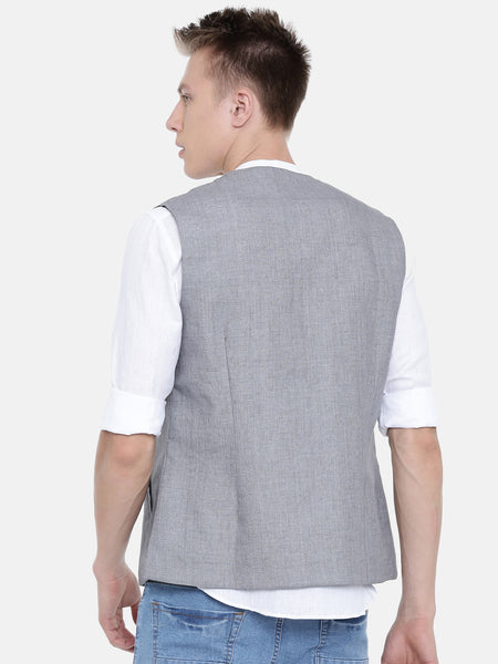 Classic Grey Short Linen Open Jacket - MMSOJ001