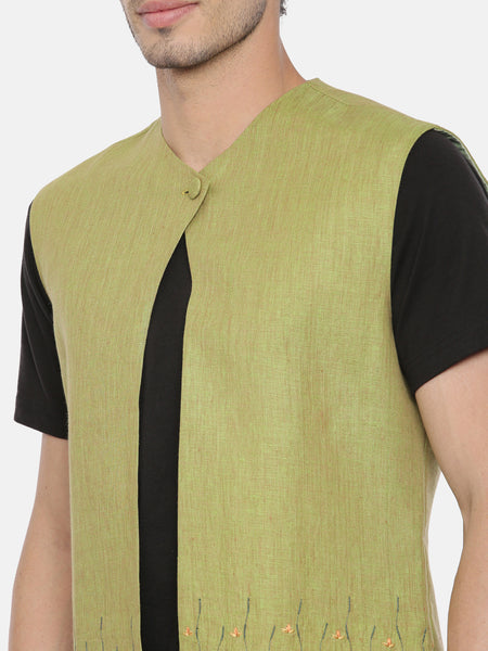 Green Linen Embroidered Short Open Jacket - MMSOJ008
