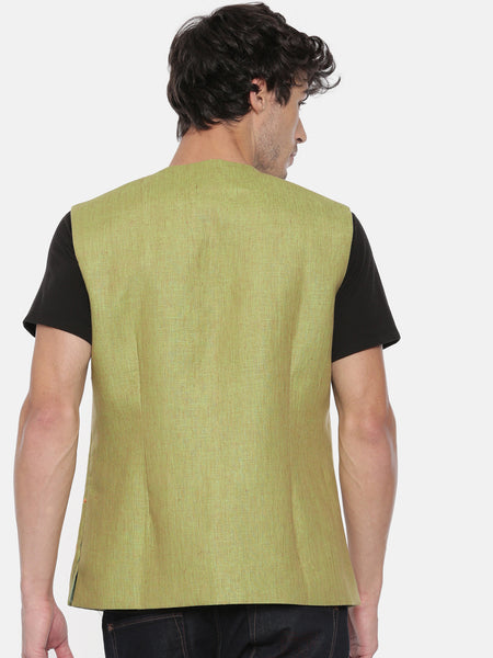 Green Linen Embroidered Short Open Jacket - MMSOJ008