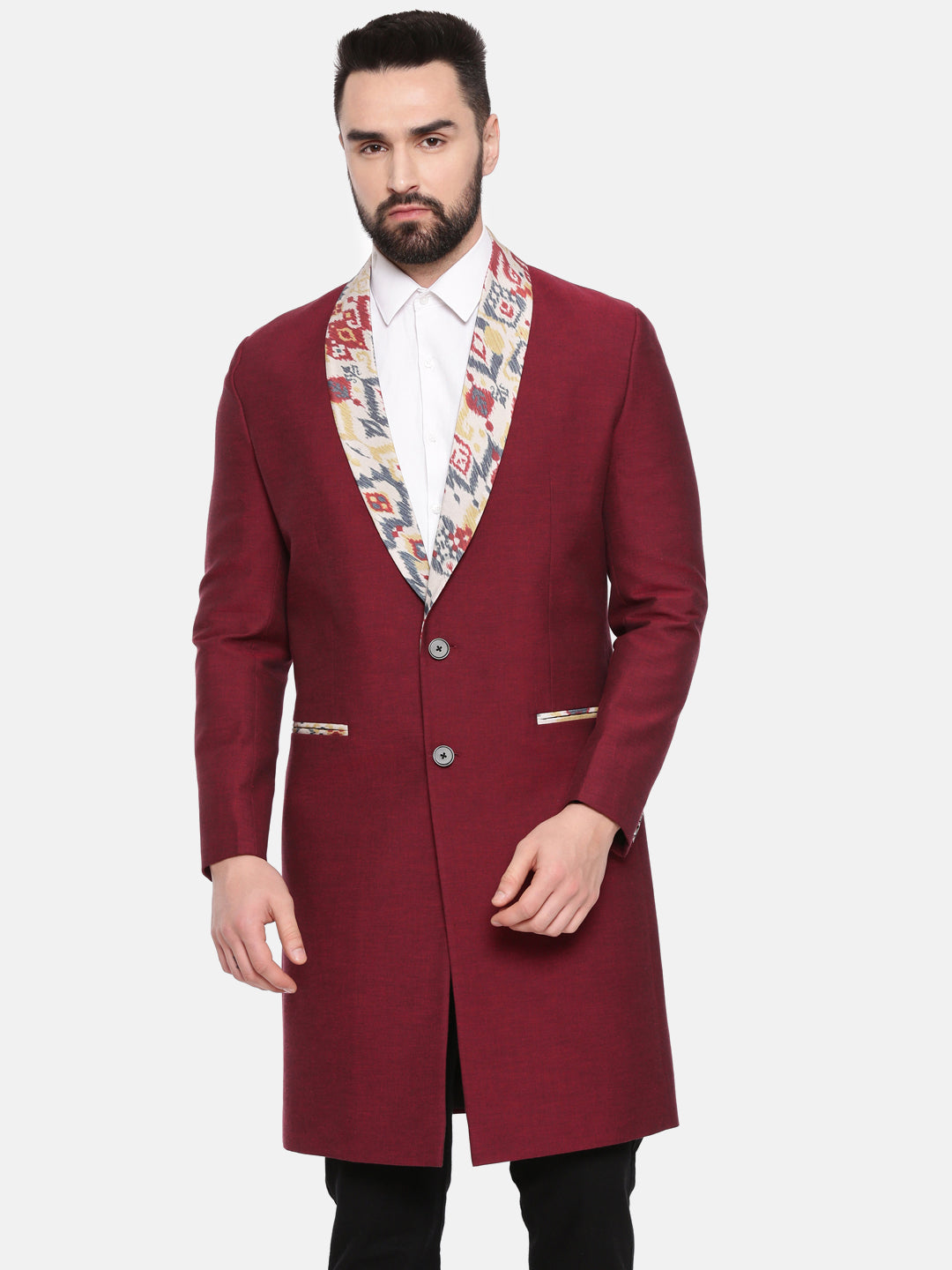 Red Printed Long Trench Coat - MMTC004