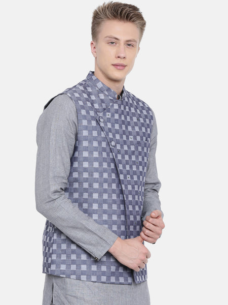 Blue Cotton Checkered Embroidered Jacket - MMWC0137