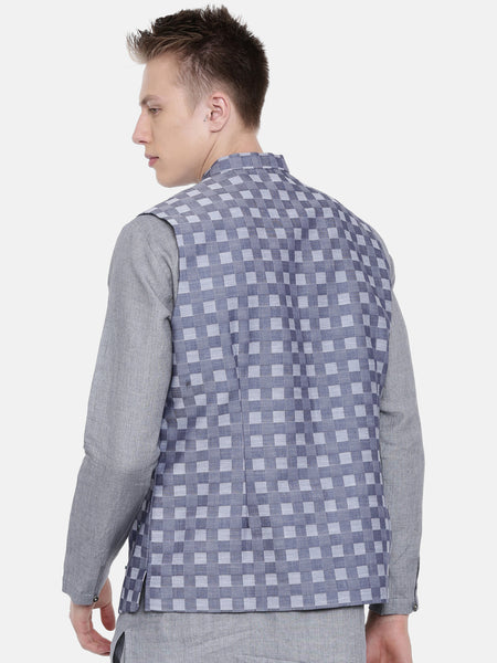 Blue Cotton Checkered Embroidered Jacket - MMWC0137