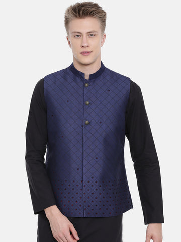 Navy Blue Silk Embroidered Jacket - MMWC0152