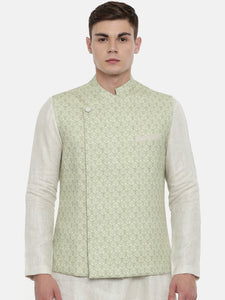 Linen Green Printed Nehru Jacket - MMWC0166