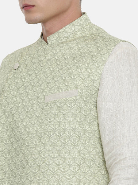 Linen Green Printed Nehru Jacket - MMWC0166