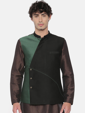 Black Green Cotton Silk Jacket - MMWC0179