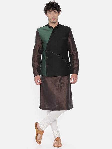 Black Green Cotton Silk Jacket - MMWC0179