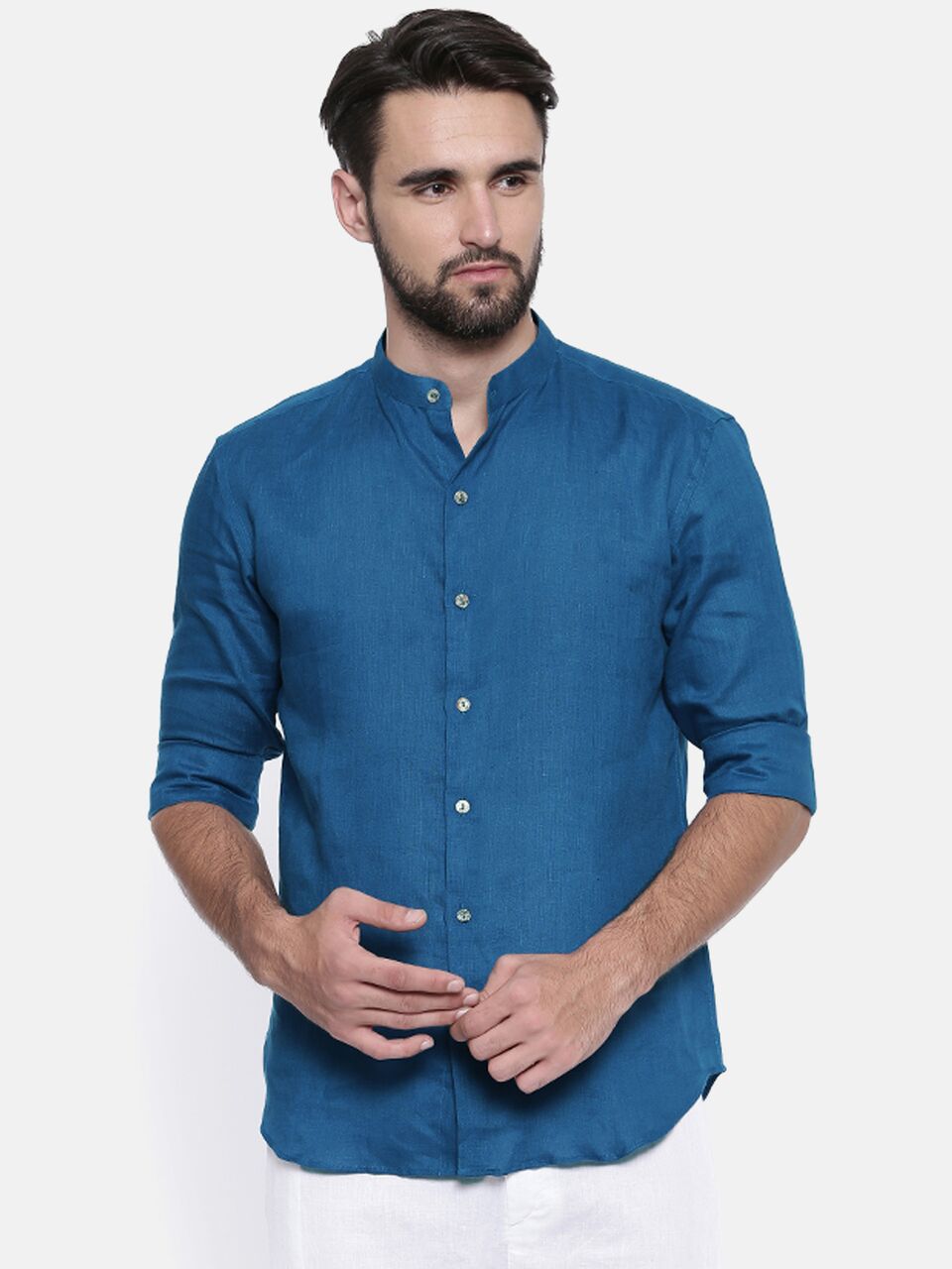 chinese collar dress shirts Blue Linen Chinese Collar Shirt